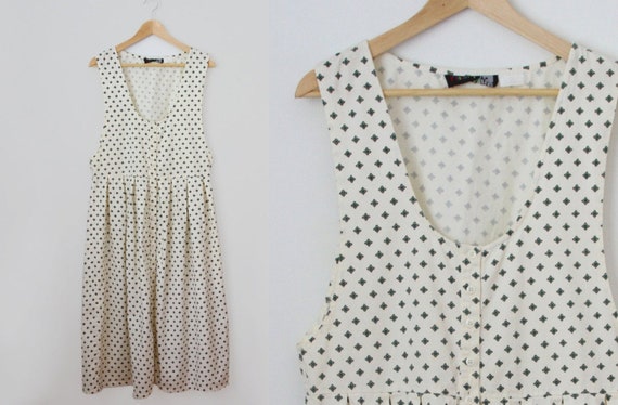 80s pinafore dress - vintage off white floral geom