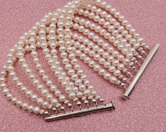 Real Pearl 8 Strand Bracelet 925 Sterling Silver Clasp Statement