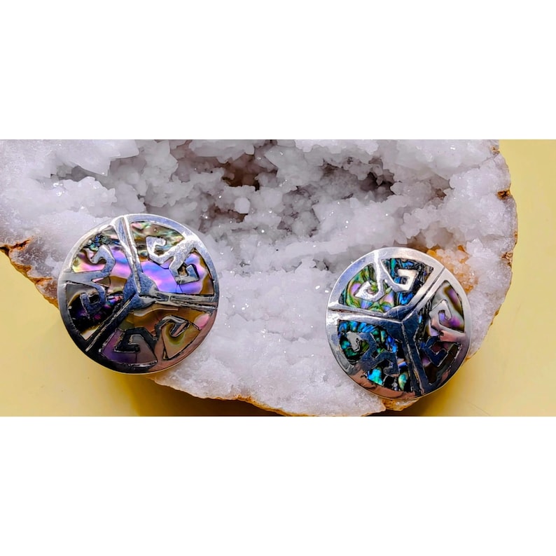 Vintage Taxco Mexico Sterling Silver Abalone Inlay Screw Back Earrings 6.36g image 1