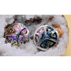 Vintage Taxco Mexico Sterling Silver Abalone Inlay Screw Back Earrings 6.36g image 10