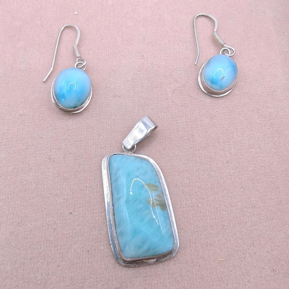 Artisan Larimar 925 Sterling Silver Pendant and Earrings Set Caribbean Blue
