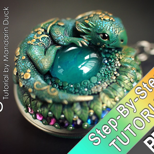 Polymer Clay Dragon Locket Pendant Tutorial PDF green dragon skin swarovski eye swirls necklace