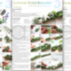 May include: A step-by-step guide on how to make a beaded bracelet. The instructions include images of the process, showing how to string beads and create a braided design.