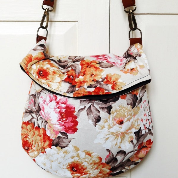 Recycled messenger bag, orange floral curtain, two pockets, adjustable strap