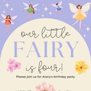 Fairy Tale Fairy Birthday Invitation Template - Purple and Pink, Editable Text, Digital Download, Girls Party Invite