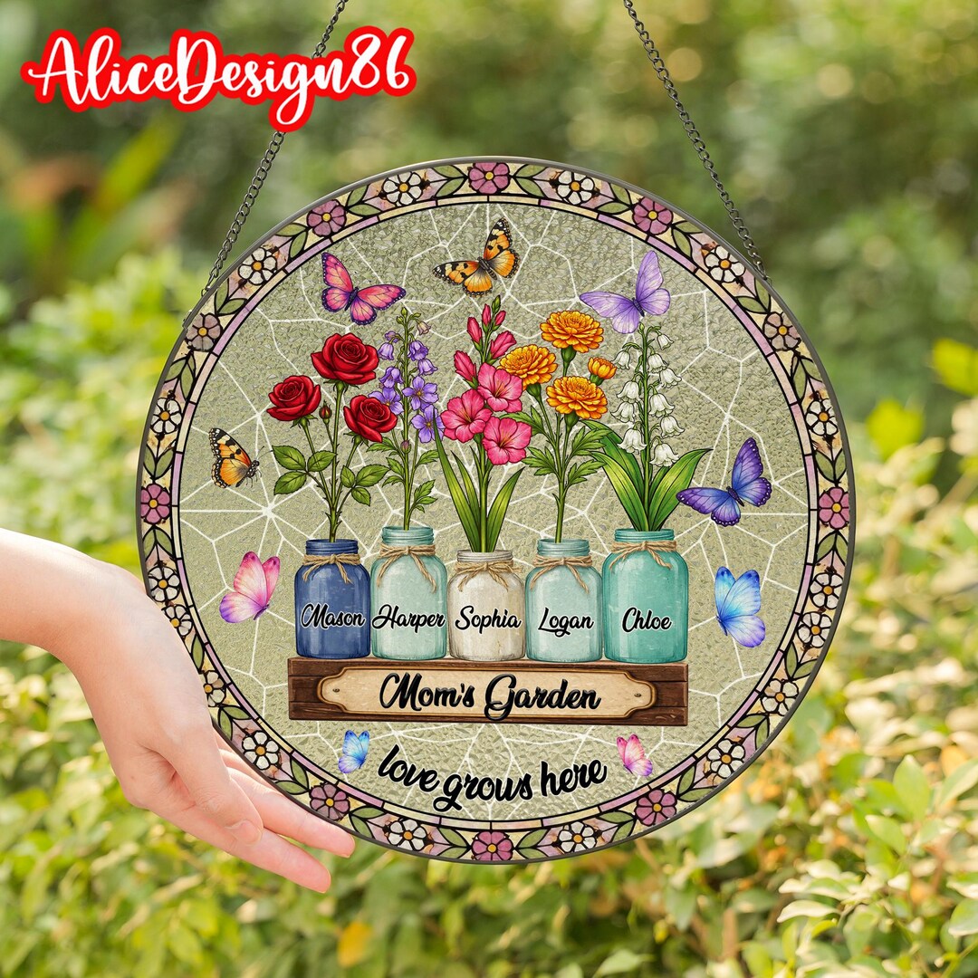 Custom Grandma's Garden Stained Glass, Personalized Love Grows Here ...