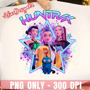 May include: A digital graphic featuring three stylized female figures inside a neon star, with a blue cat at the bottom. The word "HUNTRAX" is above the figures. The image includes the text "PNG ONLY - 300 DPI".