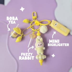 Cute Kawaii Yellow Keychain Lemon Charms Summer Keyring Fruits Mini Highlighter Fuzzy Rabbit Summery Accessories