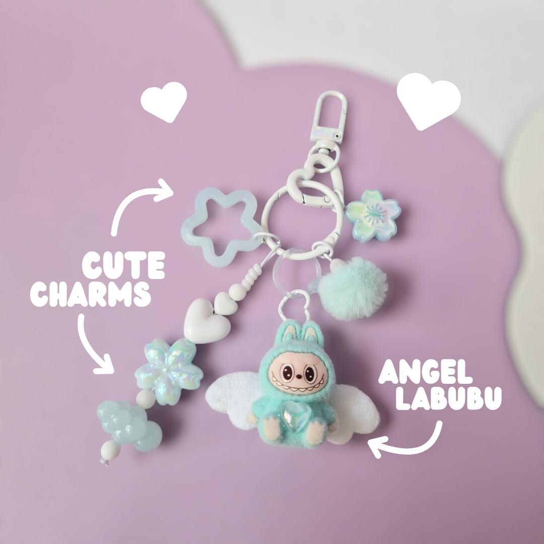 Torquoise Labubu Cute Kawaii Turquoise Labubu Keychain Angel Labubu Sakura Blossom ...