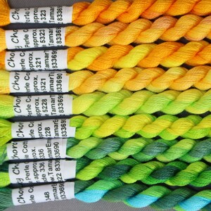 May include: A selection of embroidery threads in a gradient of yellow, orange, and green hues. The threads are neatly arranged, with labels visible on each skein. The image displays a range of colours, from vibrant yellow to deep green.