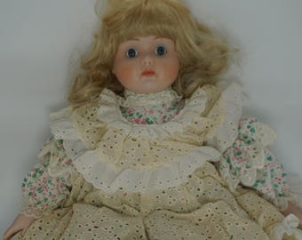 Vintage Porcelain Doll: Blonde Curls, Floral Lace Dress, 1990s Collectible
