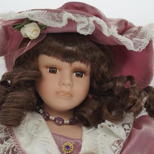 Collector’s Choice Victorian Porcelain Doll | Mauve Lace Dress & Hat | COA Included | Bisque Limited Edition Display Doll
