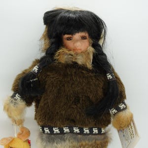 Alaskan Friends Porcelain Doll | Arctic Circle Enterprises | Faux Fur Parka & Braids | Eskimo Native Style Doll with Plush Moose