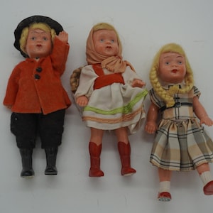Vintage “Made in Western Germany” Hard Plastic Dolls – 1950s Ethnic Costume Souvenir Set – 6” Miniature Trio