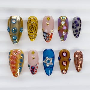 Y2K Press on nails long almond nails/Yellow Nails/Multicolor Nails/Holiday Nails/Summer Nails/Star Nails/3D Gold Chrome Nails/Gold Nails