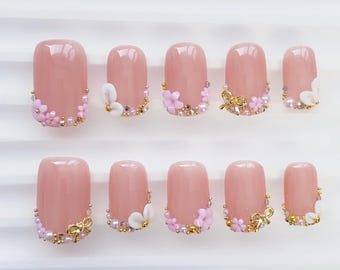 3D Flower French Press on nails short square nails/Elegant Nails/Pink Nails/Gold Nails/Wedding Nails/Birthday Nails/Fairycorn Nails