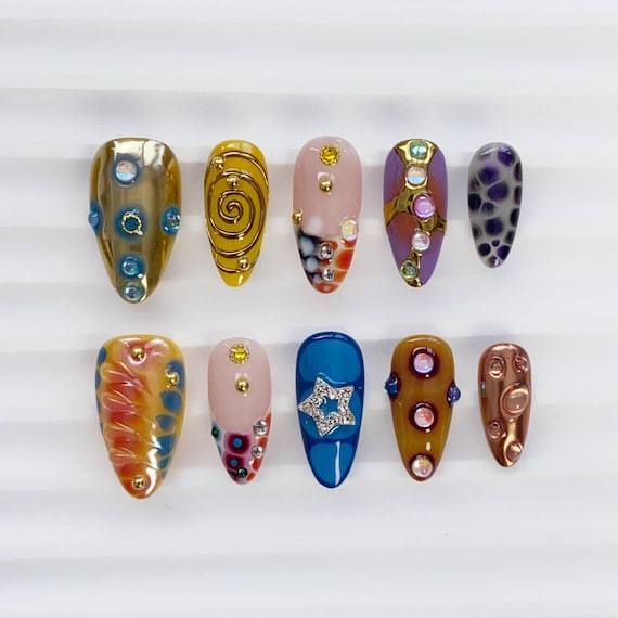 Y2K Press on nails long almond nails/Yellow Nails/Multicolor Nails/Holiday Nails/Summer Nails/Star Nails/3D Gold Chrome Nails/Gold Nails