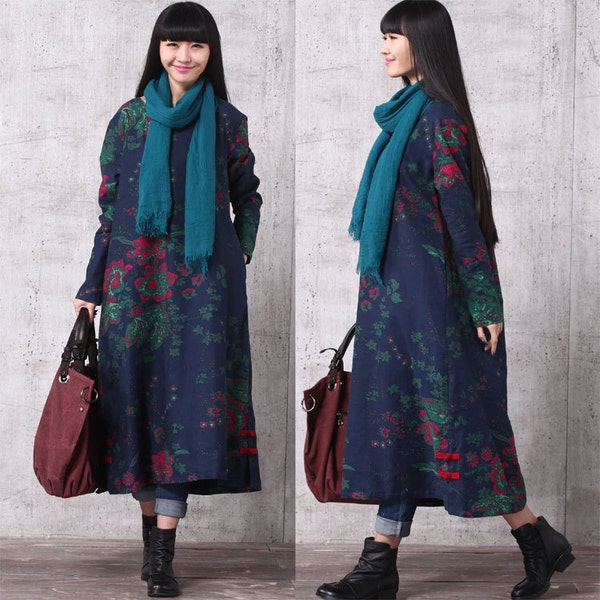 Occasionnel robe lâche raccord Long à manches coton Long robe chemisier - femmes Maxi