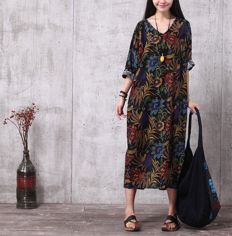 Casual Loose Fitting Cotton Long Dress Blouse Women Maxi