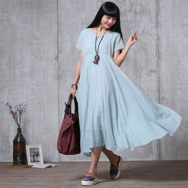 Ample Long Maxi Dress - robe d'été en Blue(R) - manches courtes coton robe d'été pour femmes