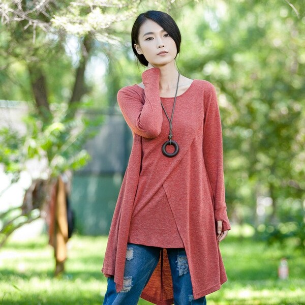 Casual largo manga camiseta blusa Tops para otoño y primavera - rojo-mujer ropa SY-613