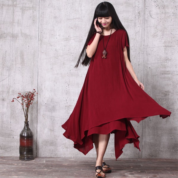 Round Neck Loose Fitting Long Maxi Dress - Dress in Wine Red (LYQ018)- Short Sleeved Linen Blend Dress for Women