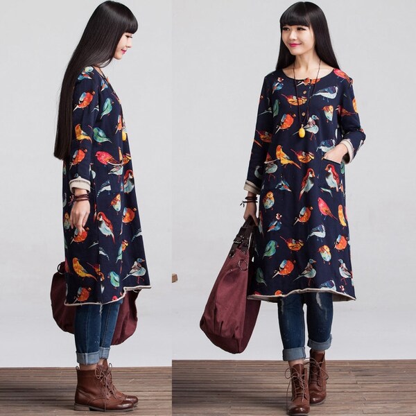 Casual A Shaped Long Sleeved Cotton T-shirt Blouse for Autumn and Spring