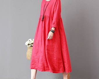 Casual Oversized Long Sleeved Cotton and Linen Long Dress