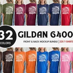 以下が含まれることがあります： さまざまな色の32枚のGildan 64000 Tシャツのモックアップバンドル。モデルに表示されています。シャツは前面と背面にデザインがあり、「Your Design Here」と「Mockverse」のテキストが特徴です。画像には大きな「32 COLORS」グラフィックが含まれています。