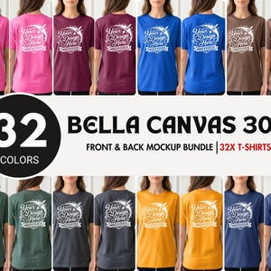 May include: A Bella Canvas 3001 t-shirt mockup bundle featuring 32 colors in front and back views. Each shirt displays a white graphic print with the text Your Design Here Mockverse. This collection provides various solid and heathered options.