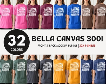 May include: A Bella Canvas 3001 t-shirt mockup bundle featuring 32 colors in front and back views. Each shirt displays a white graphic print with the text Your Design Here Mockverse. This collection provides various solid and heathered options.