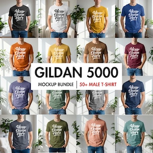 May include: A mockup bundle of Gildan 5000 t-shirts in various colors, each featuring the text "Your Design Here." The image showcases multiple t-shirts on models, with a banner reading "Mockup Bundle 50+ Male T-Shirt."