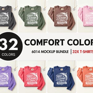 May include: A bundle of eight long-sleeve shirts in various colors including charcoal, olive, brown, pink, purple, red, navy, and orange. Each shirt features a white graphic print with the text Your Design Here MOCKVERSE.