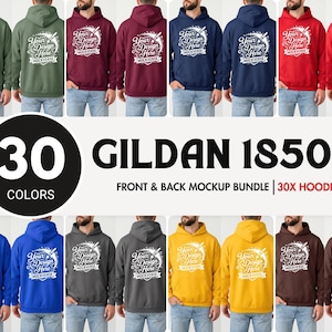 May include: A collection of Gildan 18500 hoodies in 30 colors, displayed in front and back views. Each hoodie features a white graphic print on the back with the text Your Design Here and Mockverse. The hoodies are shown in various solid colors.