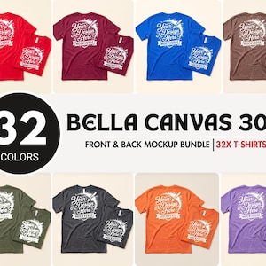 May include: A Bella Canvas 3001 front and back mockup bundle featuring 32 colors of short-sleeve t-shirts. Each shirt displays a white graphic with the text Your Design Here Mockverse. The collection includes red, maroon, blue, brown, olive, charcoal, orange, and purple shirts.