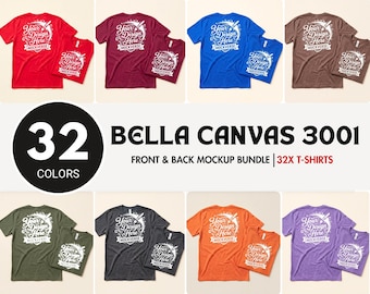 May include: A Bella Canvas 3001 mockup bundle featuring 32 t-shirts in various colors, each displaying a white graphic with the text Your Design Here Mockverse. The collection includes front and back views of short-sleeve crew neck shirts.