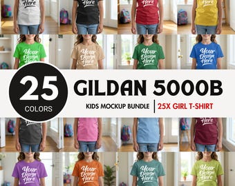 Pacchetto di 25 mockup di t-shirt Gildan 5000B per bambini, mockup di t-shirt Gildan 5000B per bambini, mockup di t-shirt per bambina, mockup di t-shirt 5000B per bambini.