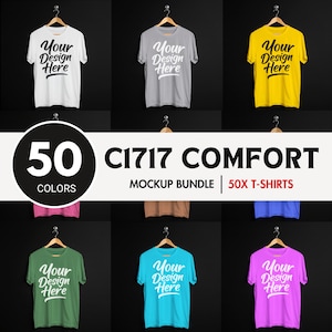 Comfort Colors C1717 T-shirt Mockup Mega Bundle, CC1717 Hängande platt lay T-shirt mockups, Livsstilsneutral Boho Estetisk Studio POD Skjorset