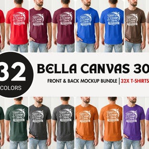 May include: A Bella Canvas 3001 mockup bundle featuring 32 colors of short-sleeve t-shirts. Each shirt displays the text Your Design Here Mockverse in white on the chest. The collection includes various solid colors worn with blue jeans.