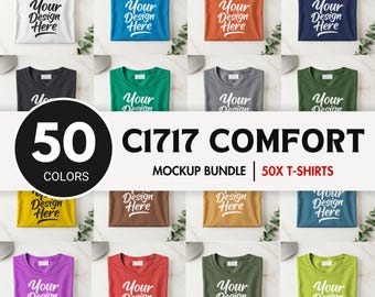 Paquete de 50 maquetas de camisetas Comfort Colors 1717, maqueta de camiseta doblada unisex, maqueta de camiseta extragrande en plano para impresión bajo demanda.