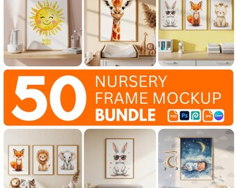 50 Nursery Frame Mockup Bundle, PSD Kids Room & Nursery Wall Art Frame Mockups, Baby Room Frame Mockup Set, Nursery Wall Frame Mockup Bundle