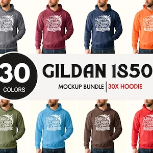 May include: A mockup bundle of Gildan 18500 hoodies in various colors, including gray, burgundy, navy blue, and orange. The image displays the hoodies on models, with the text "Your Design Here" and "Mockverse" printed on the front. The image also includes the text "30 Colors" and "30x Hoodie".