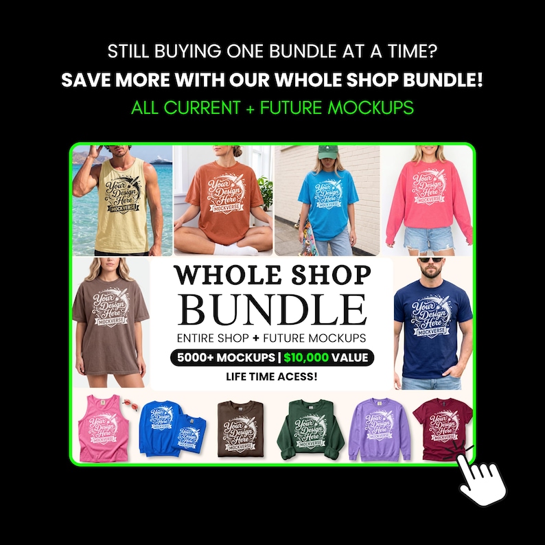 Pu&ograve; includere: Un annuncio digitale per un pacchetto completo di oltre 5000 mockup. L'immagine mostra vari capi di abbigliamento, tra cui t-shirt, canotte e felpe in diversi colori, tutti con la scritta Your Design Here Mockverse.