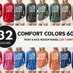 Può includere: Un set di magliette a maniche lunghe in 32 colori, ognuna con una grafica bianca sul retro con il testo Your Design Here Mockverse. Le magliette sono abbinate a pantaloncini bianchi, mostrando una varietà di colori a tinta unita e maniche.