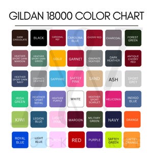 以下が含まれることがあります： Gildan 18000のカラーチャート。42個の角が丸い正方形のグリッドで構成され、それぞれに固有の色名と対応する色合いが表示されています。ダークチョコレート、黒、様々な赤から青、緑、オレンジまで幅広い色が揃っています。