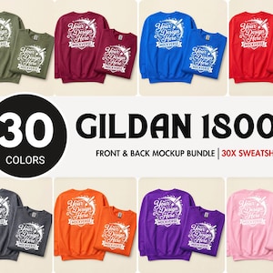 May include: A collection of Gildan 18000 sweatshirts in 30 colors, displayed as front and back mockups. Each garment features a white graphic print with the text Your Design Here and Mockverse. The bundle includes various solid-colored crewneck sweatshirts.