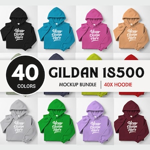 May include: A mockup bundle of Gildan 18500 hoodies in various colors. The image displays 40 colors of hoodies, each with the text "Your Design Here" printed on the front. The image also includes the text "40 Colors" and "Mockup Bundle | 40X Hoodie."