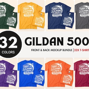May include: A digital mockup bundle featuring 32 Gildan 5000 t-shirts in various colors, displayed in front and back views. Each shirt features a white graphic print with the text Your Design Here and Mockverse, accompanied by a paintbrush icon.