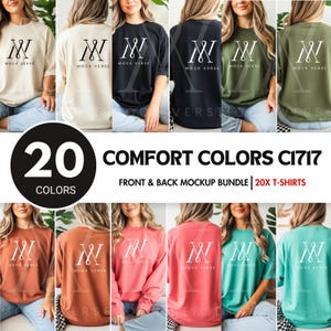 Puede incluir: Un paquete de maquetas de 20 camisetas en varios colores, exhibidas en modelos. Las camisetas presentan el logotipo "MOCK VERSE". La imagen incluye el texto "20 COLORS" y "COMFORT COLORS C1717 FRONT & BACK MOCKUP BUNDLE 20X T-SHIRTS."