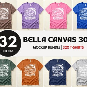 May include: A mockup bundle of Bella Canvas 3001 t-shirts in various colors. The image displays eight t-shirts in different colors, including brown, purple, pink, and blue. Each shirt features a white graphic design with the text "Your Design Here" and "Mockverse".